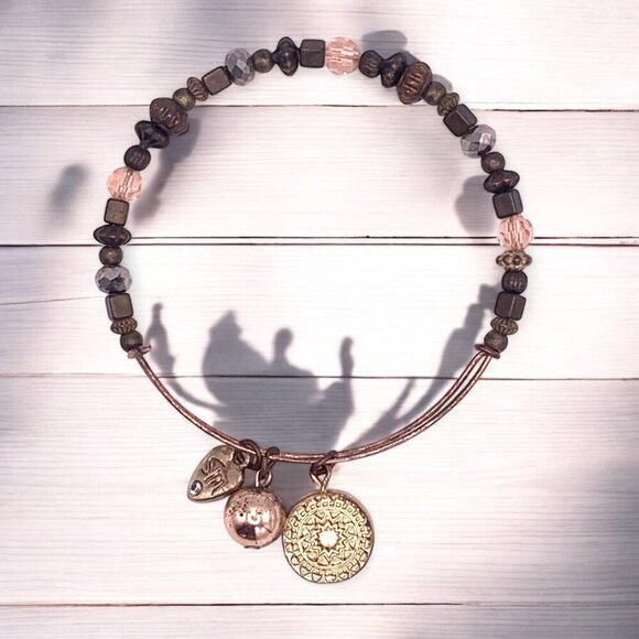 Beaded Charm Bracelet Brown & Peach Gold Finish Sun & Heart - Expands 2"- 3.5" - Picture 1 of 2
